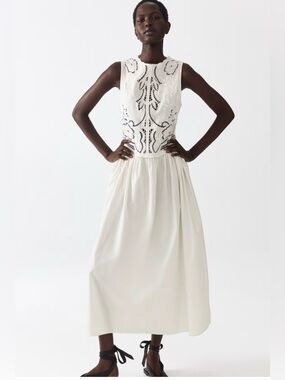 H&M Embroidered Linen-Blend Long Dress Sleeveless Lace 1332787001 White Sz S
